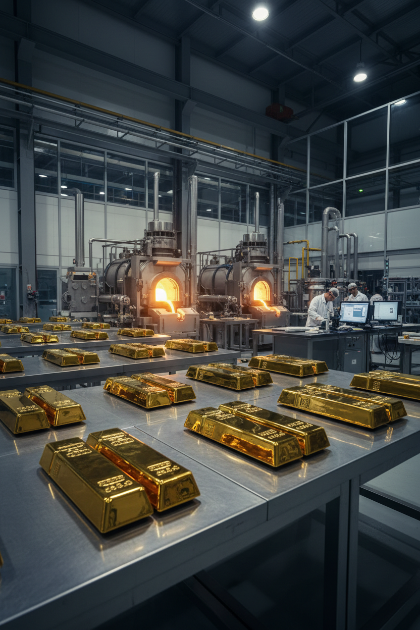 Rows of shiny gold bars sit on metal tables in a factory where molten gold flows from industrial furnaces in the background.