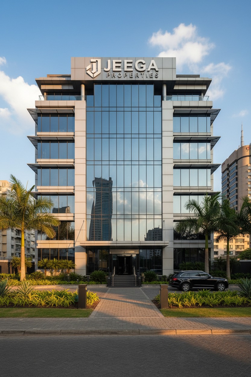 The Jeega Properties office building features a modern glass facade, a prominent rooftop sign, and a landscaped entrance with a parked black SUV.